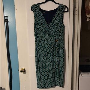 Jones New York Teal Geometric Faux-Wrap Midi Dress